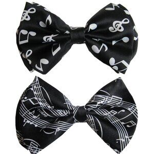 Set of 2 Music Themed Black & White Bow Tie Set Staff Score 16th 8th Notes Clef